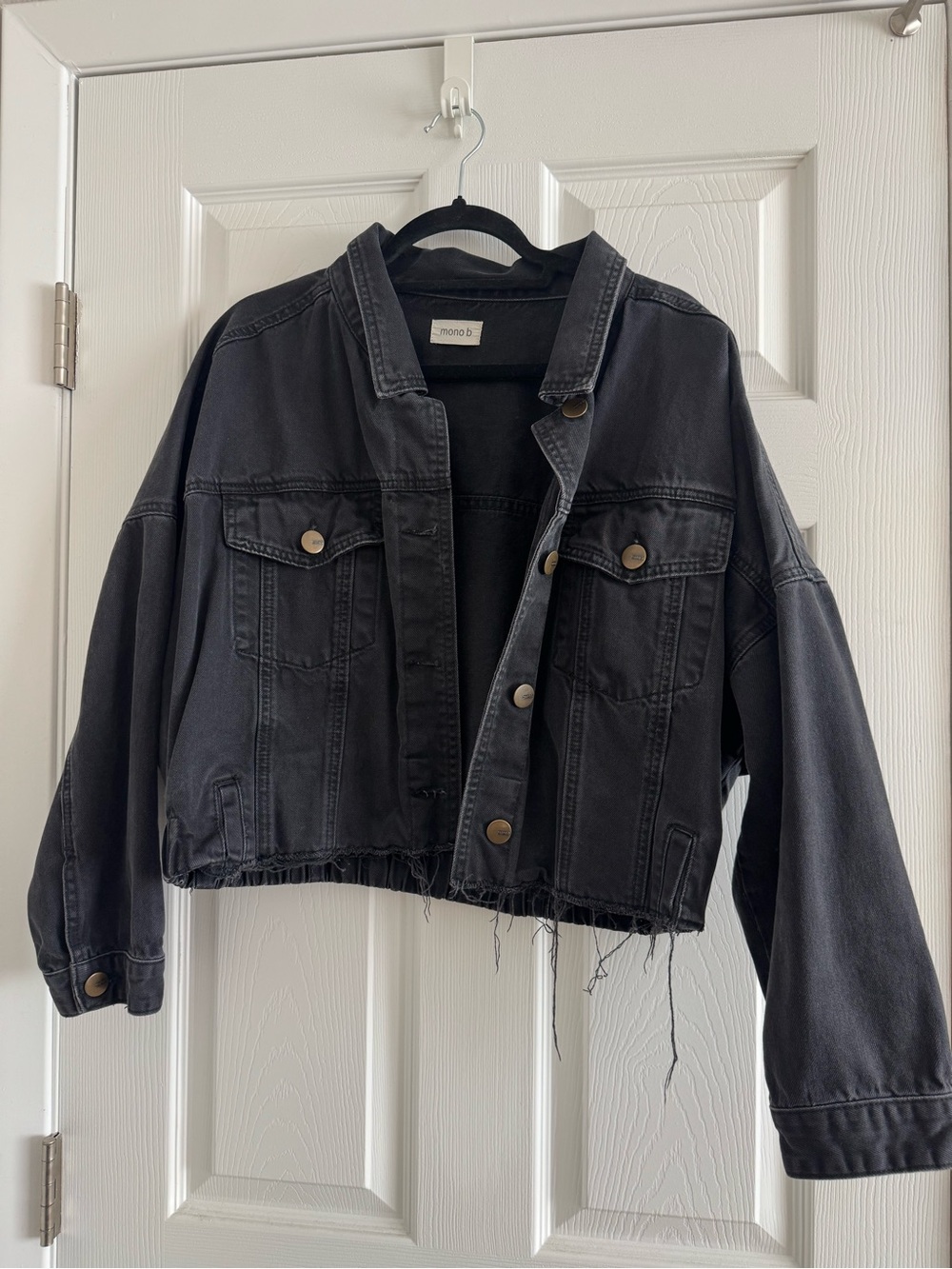 Mono B Black Cropped Denim Jacket with Raw Hem